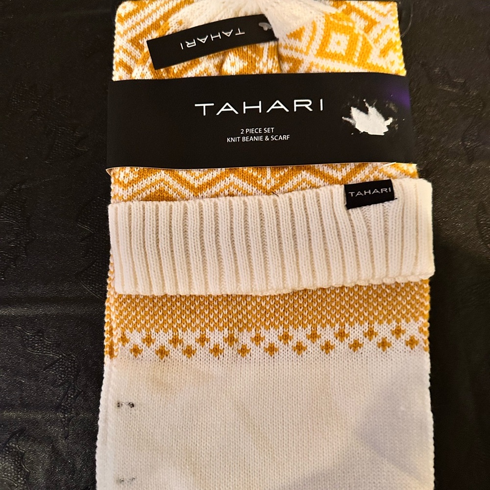 Tahari Mustard and White Knit Beanie and Scarf Set